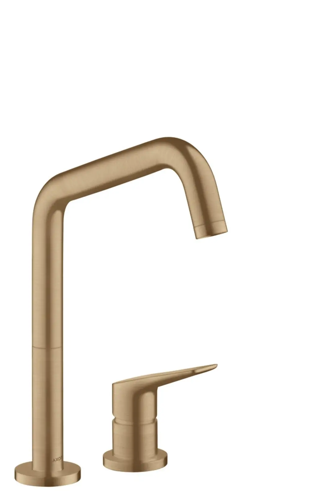 Küchenmischer von AXOR mit einem langen, gebogenen Auslauf und einem separaten, schlanken Hebel. Farbton in gebürstetem Bronze.